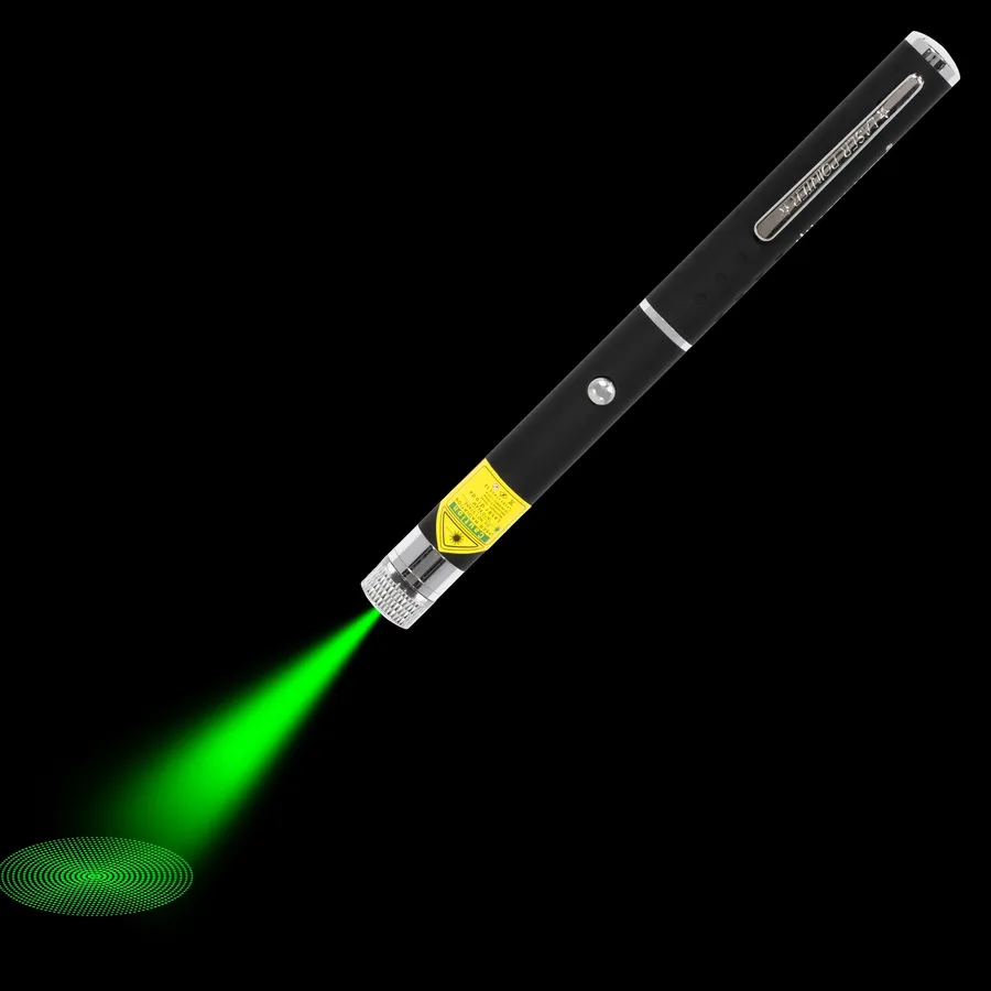 Green laser pen AG-2 with visible laser beam in the dark