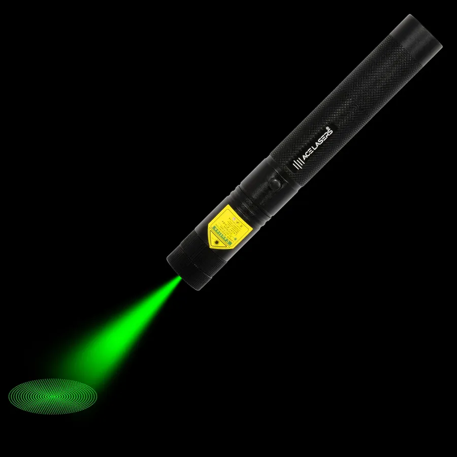 Green laser pointer AGP-1 Pro with visible laser beam in the dark