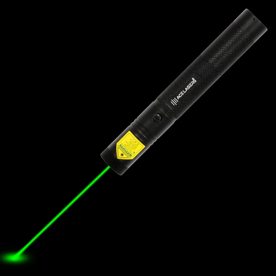 Green laser pointer AGP-3 Pro with visible laser beam in the dark
