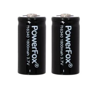 Two PowerFox 16340 rechargeable lithium-ion batteries for compact laser pointers