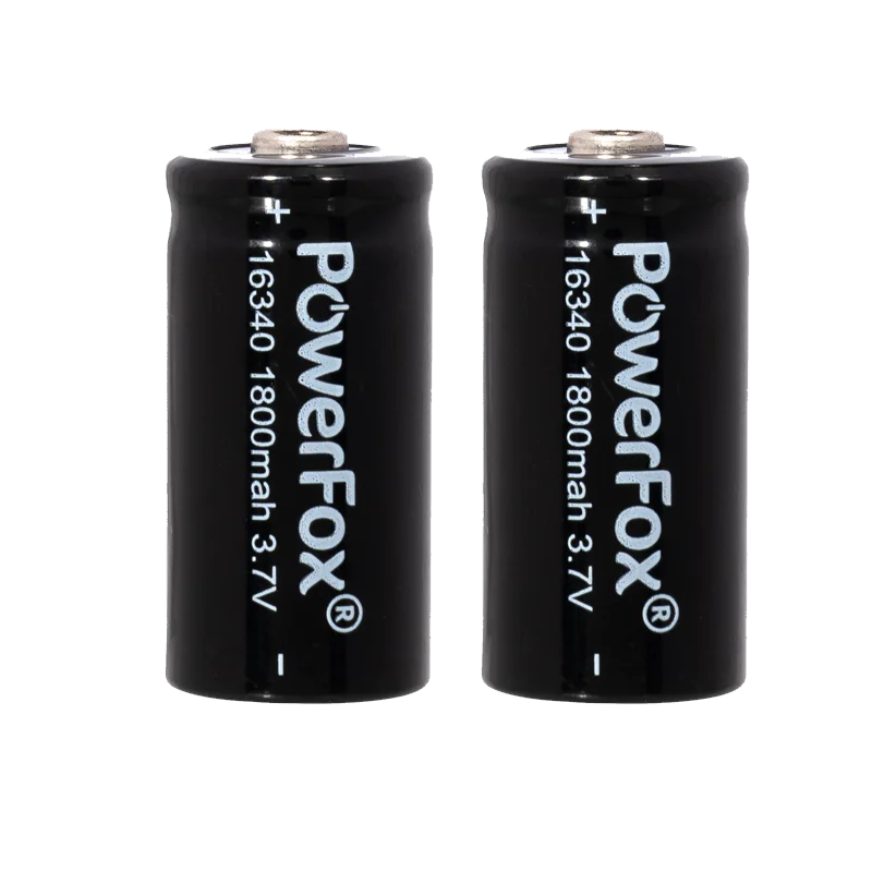 Two PowerFox 16340 rechargeable lithium-ion batteries for compact laser pointers